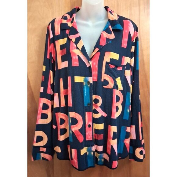 SOMA Pajama Top multi-color Print XL Long Sleeve Soft Knit Button Down Blue - Picture 1 of 6